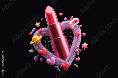 Close up of red lipstick in a heart shaped fluffy frame surrounded by stars and hearts on black background