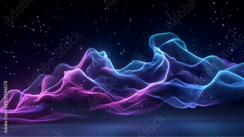 Abstract landscape with glowing particles and constellation against a dark blue background