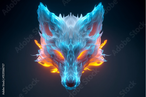 Glowing wolf head with blue and orange flames on a dark background digital art illustration style