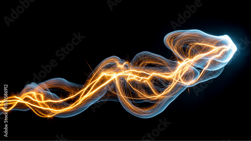 Abstract glowing lines of energy flowing across a black background with sparks and light trails