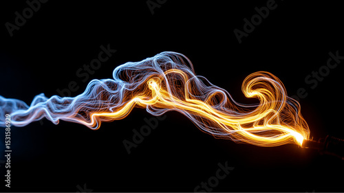 Abstract light trails flowing from right to left with blue and yellow hues on a black background