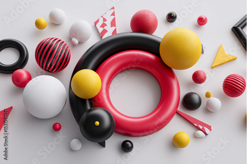 A playful arrangement of colorful geometric shapes on a white background creating a modern design