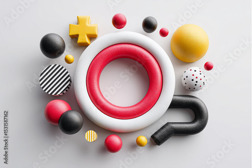 A colorful arrangement of geometric shapes with spheres and a red and white torus on gray background