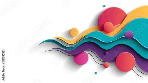 Abstract design with colorful layered waves and circles on a white background in the upper right corner