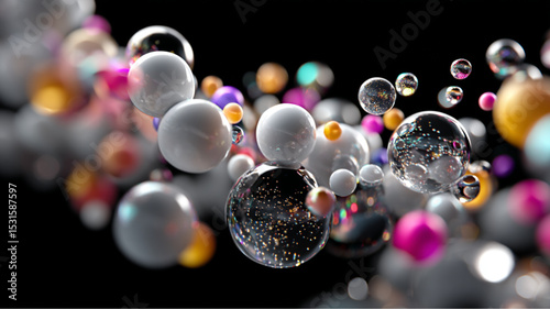 A group of colorful spheres and bubbles floating against a dark background in a digital rendering