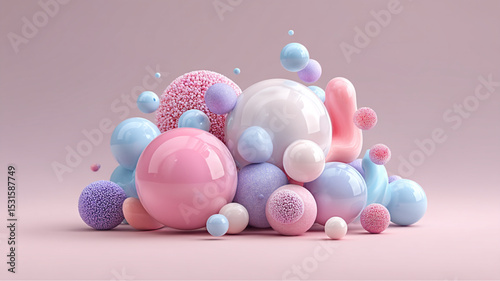 A pastel colored assortment of spheres and rounded shapes on a light pink colored background