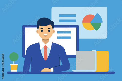 Successful businessman working at desk with computer and charts