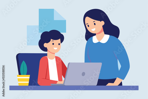 Woman assisting young person with laptop computer work