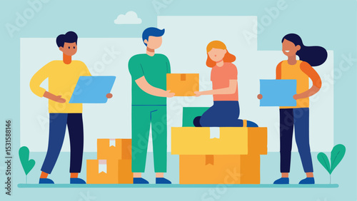 Team of diverse people moving boxes together collaboration teamwork