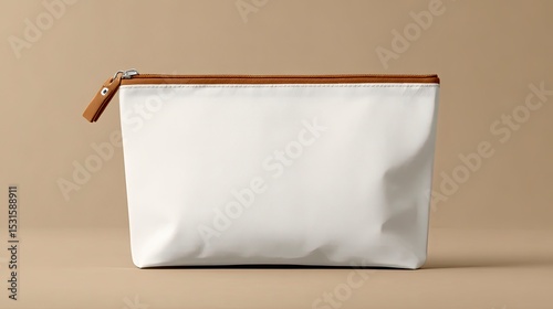 A white rectangular cosmetic bag with brown trim and a leather zipper pull is centered on a beige background