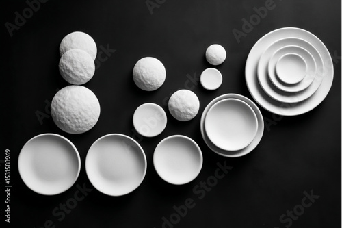 Arrangement of white ceramic plates and textured spheres on a dark black background surface top view