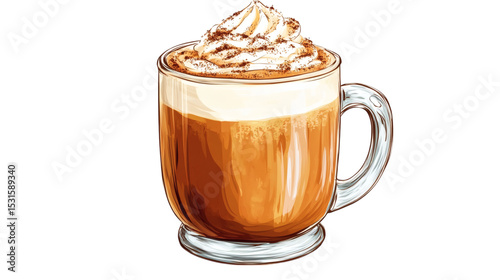 Hand-drawn style pumpkin spice latte with whipped cream illustration isolated on white background 