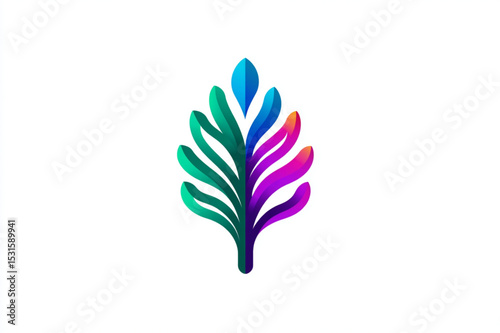A colorful leaf design with blue green and purple hues on a white background in a simple style