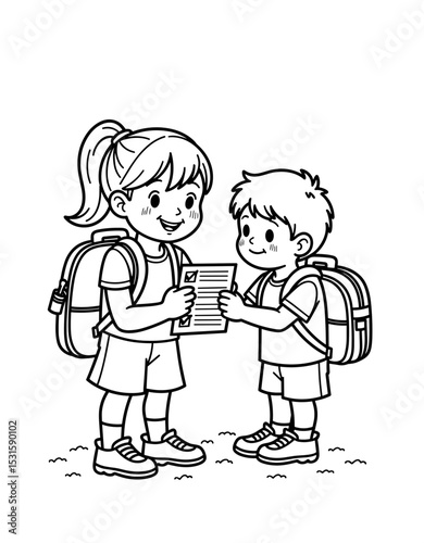 Girl helping boy with backpack and checklist for Back to School - coloring page for kids 5 - 8 years old  