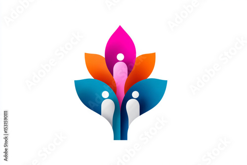 Abstract floral design with people figures in pink orange and blue on a white background design logo