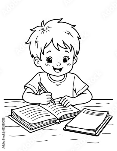 Young boy coloring in homework book while smiling at the table - Concept of Back to School - coloring page for kids 5 - 8 years old  