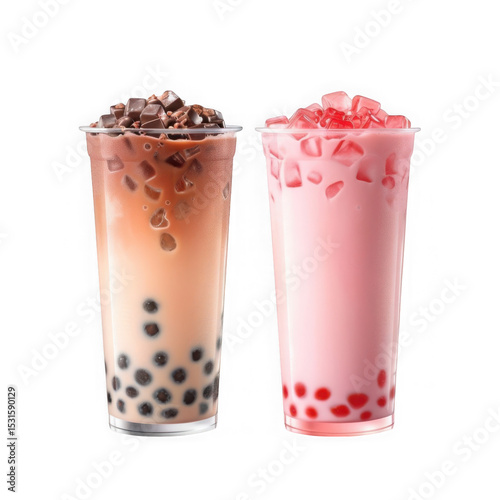 Two boba drinks, milk tea isolated on transparent background