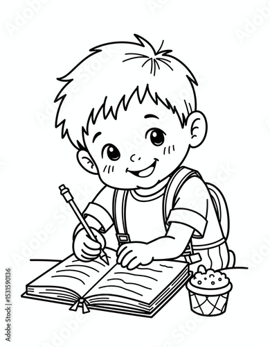 Happy boy filling personal achievement journal while sitting at table  