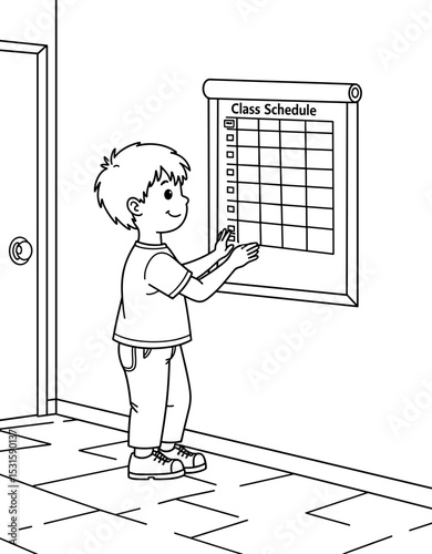 Young boy pinning class schedule to wall in classroom for back to school - coloring page for kids 5 - 8 years old  