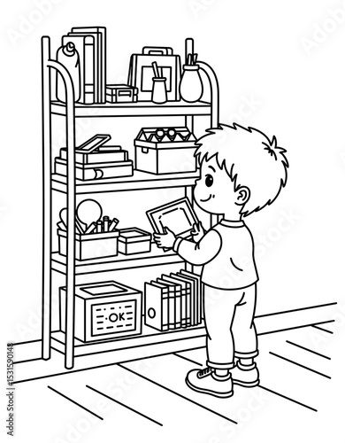 Boy organizing school supplies on shelves in black and white illustration - Concept of Back to School - coloring page for kids 5 - 8 years old  