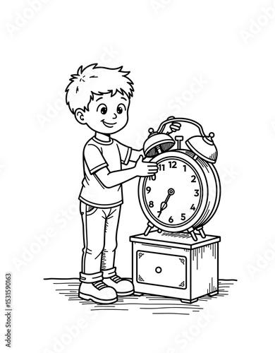 Young boy adjusting alarm clock while smiling in a playful setting - Concept of Back to School - coloring page for kids 5 - 8 years old  