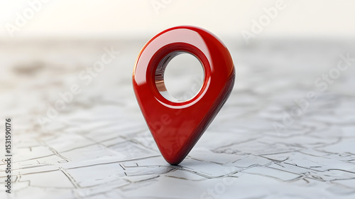 Red shiny location marker pin indicating navigation and geographical position over map