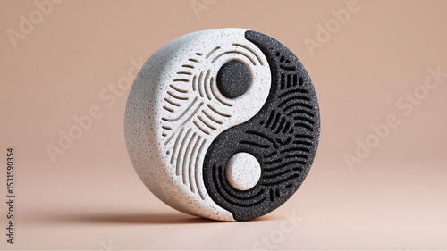 A stylized yin yang symbol with textured surfaces in black and white on a neutral background studio shot