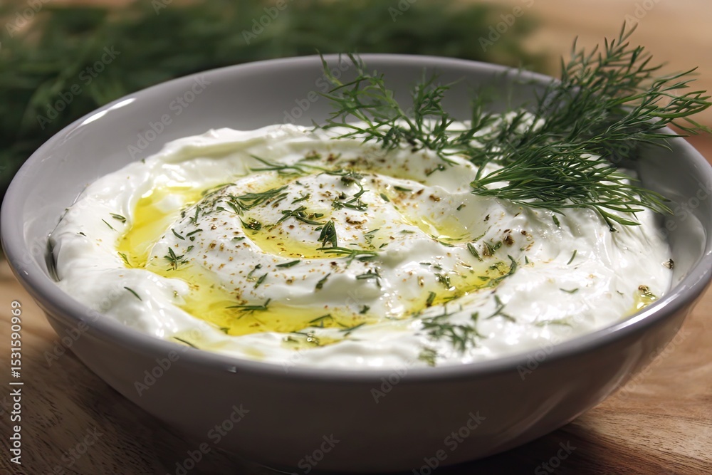 Creamy yogurt dip in a bowl, garnished with fresh dill and olive oil drizzle Creamy yogurt dip in a bowl, garnished with fresh dill and olive oil drizzle