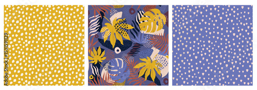 Collage contemporary tropical and polka dot shapes seamless pattern set. Modern Art Collection design for paper, cover, fabric, interior decor, and other users.