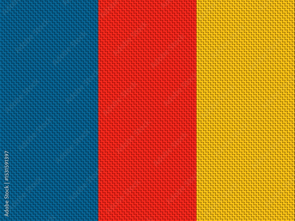 Fototapeta premium Abstract textured background with three vertical stripes in blue, red, and yellow, resembling a woven fabric or textile pattern.