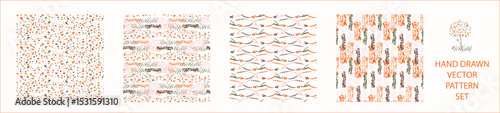 Set of whimsical modern abstract shape seamless pattern. Trendy pastel color hand drawn playful style for wallpaper collection, backdrops and summer texture. Fashion and home decor all over print.