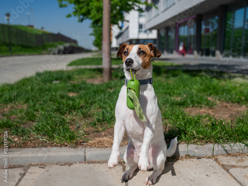 Adorable Dog with Waste Bag Ready for a Walk. 