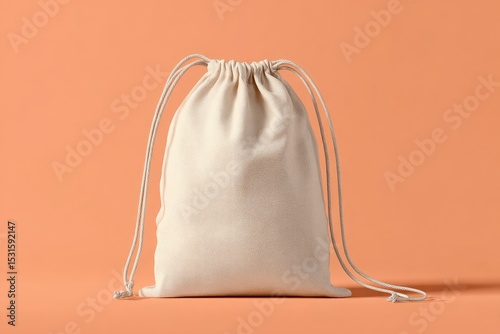 Beige drawstring bag with knotted ropes on a peachcolored surface