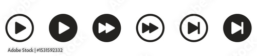 set of play, fast forward, and rewind icons in outline and solid styles, perfect for media video player controls