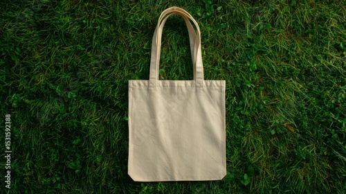 Beige tote bag centered on green grass lawn lit by natural light