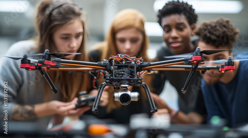 Students in a computer science class gather around a drone, exploring modern technology hands-on