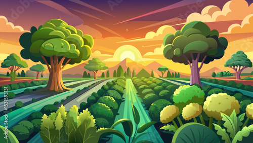 Broccoli plantations in the sunset light on the field. Cauliflower. Growing organic vegetables. Eco-friendly products. Agriculture and farming. Plantation cultivation. Selective focus