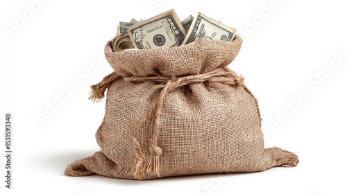 Burlap sack overflowing with United States currency tied at the top with twine against a stark white backdrop