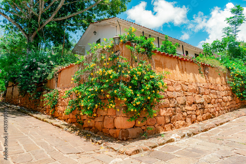 Colonial Corner with Flowers in Barichara, Colombia