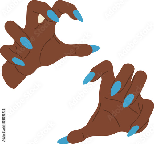 Dark skin hands with long blue nails clawing gesture vector illustration for beauty and fashion design concepts