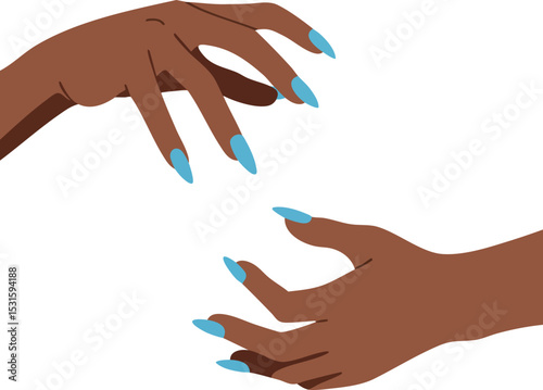 Dark skin hands with long blue nails reaching each other isolated on white background vector illustration 