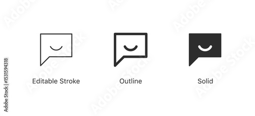 chat speech bubble icon with a happy smiley face in editable stroke, outline, and solid styles, for positive feedback, messaging apps, social media communication