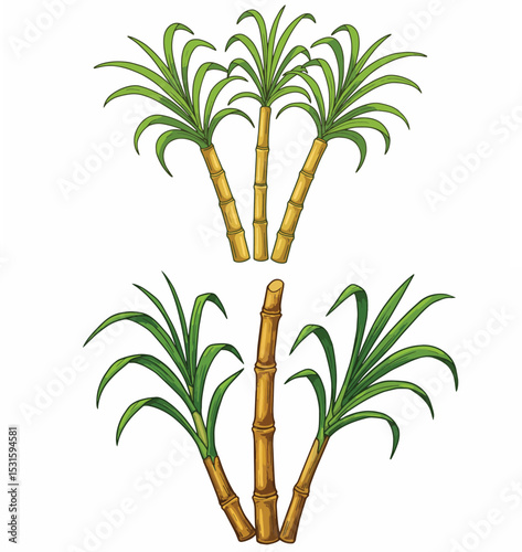 Fresh Sugarcane Stalks and Leaves Illustration