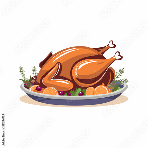 Vector of roasted turkey with garnish on platter on white background.