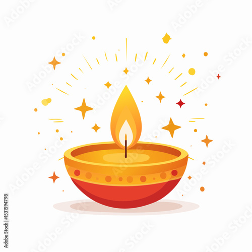 Vector of a Diwali oil lamp with flame and sparkles on white background.