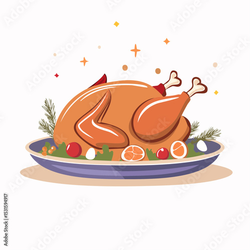 Vector of roasted turkey with garnish on platter on white background.