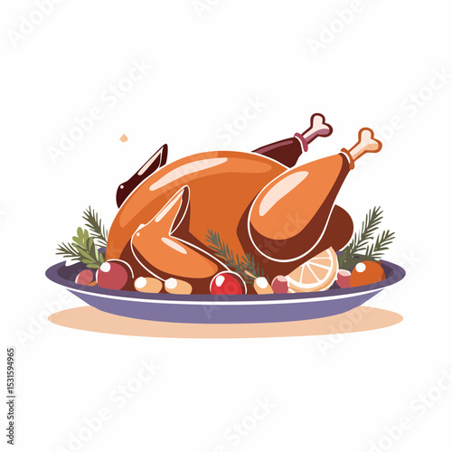 Vector of roasted turkey with garnish on platter on white background.