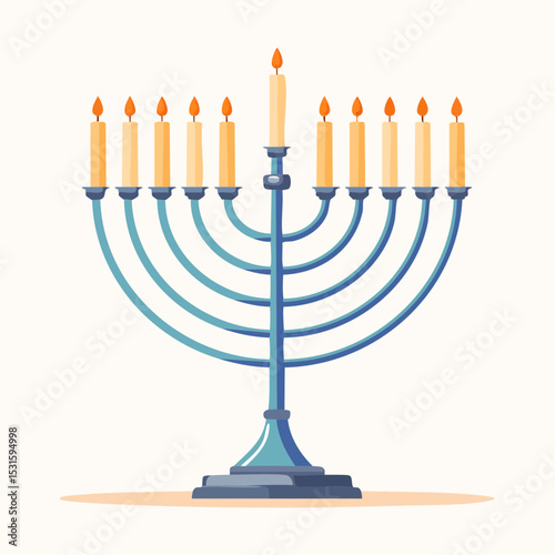 Vector of menorah with candles lit, simple on white background.