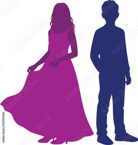 Silhouettes of girl in purple dress and boy in navy outfit simple vector illustration with white background 