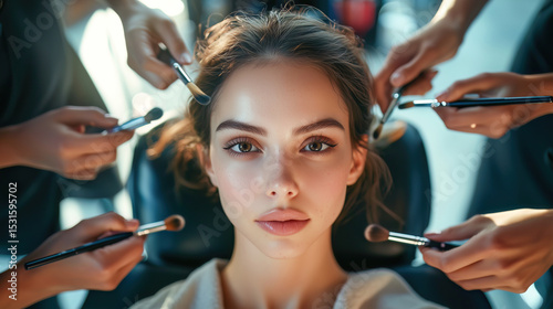 A young woman undergoes a makeup session with multiple hands applying brushes, lit by soft studio lights, enhancing her natural beauty. Celebrity make up concept